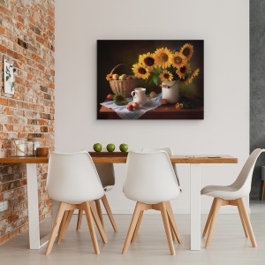 Tablou Canvas - Natura Moarta Cu Floarea Soarelui, Galben, Cos, Rustic, 50 x 70 cm - Img 4