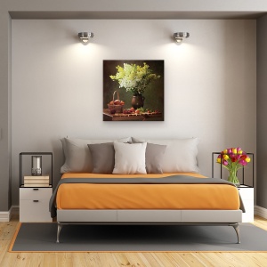 Tablou Canvas - Natura Moarta Cu Flori De Lunca, Fructe, 90 x 90 cm - Img 3