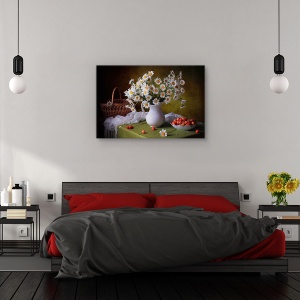 Tablou canvas - Natura moarta cu musetel, Natura moarta, Margareta, Flori, Cirese, 60 x 90 cm - Img 3