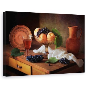 Tablou canvas - Natura moarta cu piersici si struguri, Natura moarta, Struguri, Farfurie, Bautura, 80 x 120 cm