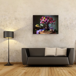 Tablou Canvas - Natura Moarta Cu Un Buchet De Asteri si Fructe, 60 x 80 cm - Img 2