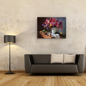Tablou Canvas - Natura Moarta Cu Un Buchet De Asteri si Struguri, 50 x 70 cm - Img 2