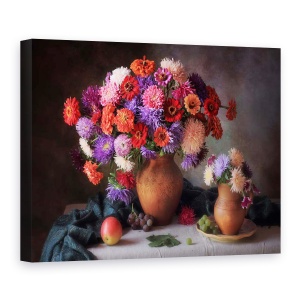 Tablou Canvas - Natura Moarta Cu Un Buchet De Asteri si Zinnia, 50 x 70 cm