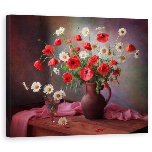 Tablou Canvas - Natura Moarta Cu Un Buchet De Maci Si Musetel, 60 x 75 cm