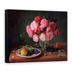 Tablou Canvas - Natura Moarta Cu Un Buchet De Trandafiri si Fructe, Fructe, 75 x 100 cm