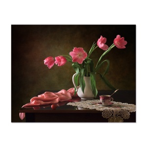 Tablou Canvas - Natura Moarta, Flori, Lalele, Ceasca, 80 x 100 cm