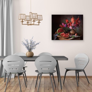 Tablou Canvas - Natura Moarta, Pepene Galben, Fructe, Mar, Vaza, Flori, Vara, 40 x 50 cm - Img 4