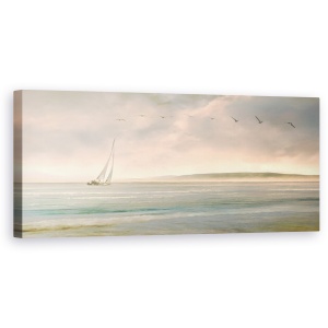 Tablou canvas - Natura, Peisaj, Marea, Apus De Soare, Barca Cu Panze, Pasari, 30 x 90 cm