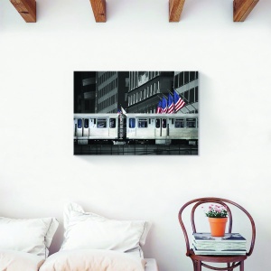 Tablou canvas New York cu tramvai și steag, 60x90 cm