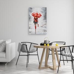 Tablou canvas - Oameni, Femeie, Rochie Rosie, Ploaie, Pictura, 60 x 90 cm - Img 2