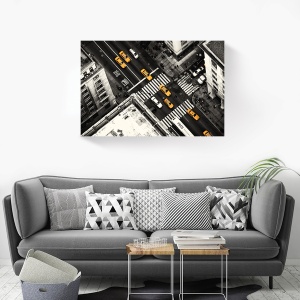 Tablou canvas modern decor cu oras alb-negru si taxi galben