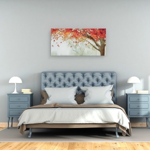 Tablou canvas - Peisaj, Natura, Copaci, Alb, Rosu, Galben, Pictura, 50 x 100 cm - Img 3