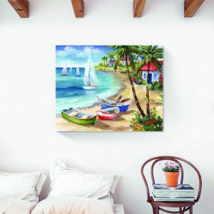 Tablou decorativ plajă canvas cu valuri, barcă şi palmieri