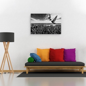 Tablou canvas - Porumbeii Pe Empire State Building, Peisaj Urban, Cer, Pasari, Alb-Negru, 60 x 90 cm - Img 2