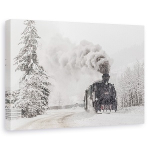 Tablou canvas - Poveste De Iarna, Tren, Cale Ferata, Abur, Fum, 60 x 90 cm