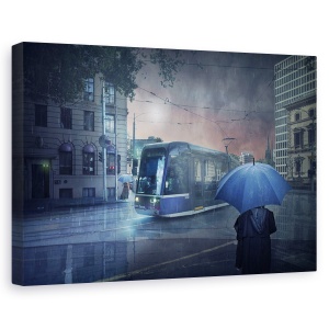Tablou canvas - Ramas-Bun Prelungit, Melbourne, Tramvai, Ploaie, Umbrela, Albastru, 60 x 90 cm