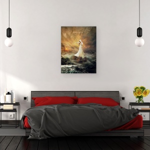 Tablou canvas - Ritmul Furtunilor, Vioara, Femeie, Apa, Barca Cu Panze, 60 x 80 cm - Img 3