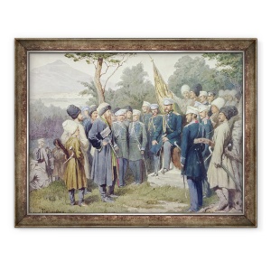 Tablou inramat - Aleksei Danilovich Kivshenko - Liderul caucazian Shamil c.1798-1871 predarea contelui Baryatinsky in 1859, 60 x 80 cm