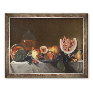 Tablou inramat - Carlo Saraceni - Natura moarta cu pepeni verzi si carafa de vin alb, 70 x 90 cm