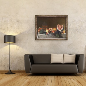 Tablou inramat - Carlo Saraceni - Natura moarta cu pepeni verzi si carafa de vin alb, 70 x 90 cm - Img 2