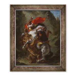 Tablou inramat - Ferdinand Victor Eugene Delacroix - Calaret arab atacat de un leu, 70 x 85 cm