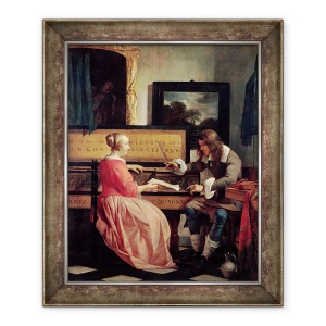 Tablou inramat - Gabriel Metsu - Un barbat si o femeie asezat de un virginal, 50 x 60 cm