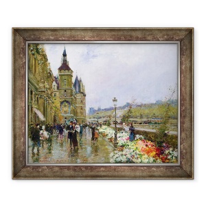 Tablou inramat - Georges Stein - Vanzatorii de flori prin Sena, 70 x 85 cm