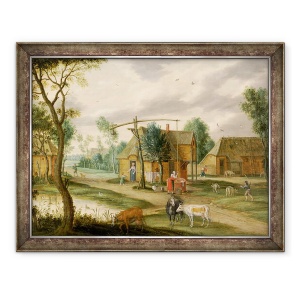 Tablou inramat - Isaak van Oosten - Un peisaj sat cu o femeie care trage apa dintr-un put, 60 x 80 cm