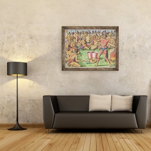 Tablou inramat - Jacques de Morgues Le Moyne - Satoutiona se pregateste de lupta, de la Brevis Narratio.., gravat de Theodore de Bry 1528-98 publicat la Frankfurt, 60 x 80 cm - Img 2