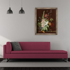 Tablou inramat - Jan van Huysum - Hollyhocks si alte flori intr-o vaza, 70 x 85 cm - Img 2