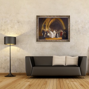 Tablou inramat - Jean Baptiste Ange Tissier - Louis Napoleon printul-presedinte anuntand lui Abd-el-Kader eliberarea sa la castelul Amboise la 16 octombrie 1852, 60 x 80 cm - Img 2