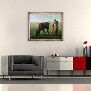 Tablou inramat - Jean-Francois Millet - Femeie pasunat Vaca ei, 50 x 60 cm - Img 2
