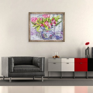 Tablou inramat - Joan Thewsey - Lalele roz si albe, 50 x 60 cm - Img 2