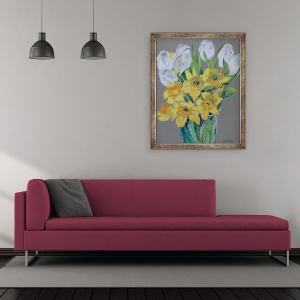 Tablou inramat - Joan Thewsey - Narcisele si lalele albe, 70 x 85 cm - Img 2