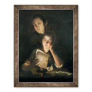 Tablou inramat - Joseph Wright - O fata citind o scrisoare de la lumina lumanarilor, cu un tanar care se holbeaza peste umar, 60 x 80 cm