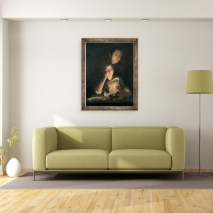 Tablou inramat - Joseph Wright - O fata citind o scrisoare de la lumina lumanarilor, cu un tanar care se holbeaza peste umar, 60 x 80 cm - Img 2