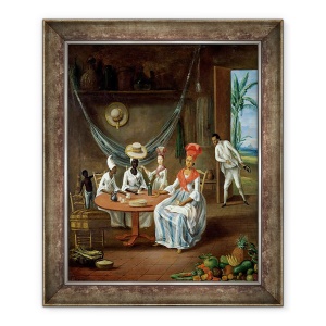 Tablou inramat - Le Masurier - O femeie mulatto cu fiica ei alba vizitata de femei negre in casa lor din Martinica, 70 x 85 cm