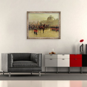 Tablou inramat - Louis Auguste Georges Loustaunau - Colonelul de La Rochetulon Prezentarea recrutilor Cavaleriei 6 Standardul Regimentului in ianuarie 1887, 50 x 60 cm - Img 2