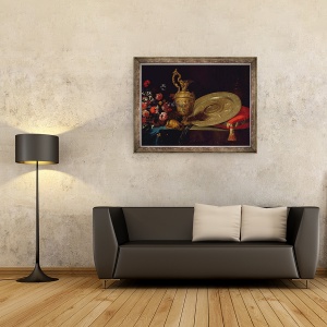 Tablou inramat - Michel Gobin - Natura moarta cu flori si placi, 60 x 80 cm - Img 2
