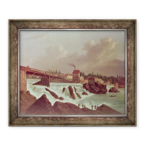 Tablou inramat - Scoal Americana - Prima moara de bumbac din America, infiintata de Samuel Slater pe raul Blackstone la Pawtucket, Rhode Island, 50 x 60 cm