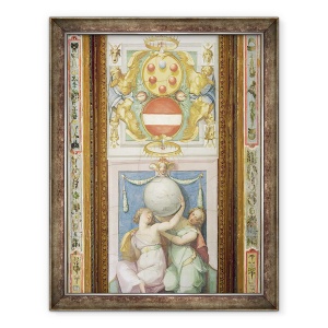 Tablou inramat - Scoala Italiana - Decorarea tavanului care prezinta doua figuri feminine care sustin un glob, mai sus este o reprezentare a stemului Medici, 60 x 80 cm