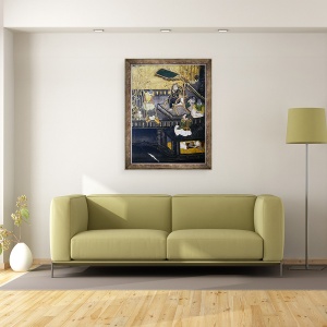 Tablou inramat - Scoala japoneza - Sosirea portughezilor in Japonia, detaliu aratand oameni in partea centrala a unei nave, de pe un ecran Namban Byobu, 60 x 80 cm - Img 2