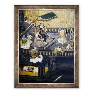 Tablou inramat - Scoala japoneza - Sosirea portughezilor in Japonia, detaliu aratand oameni in partea centrala a unei nave, de pe un ecran Namban Byobu, 70 x 90 cm