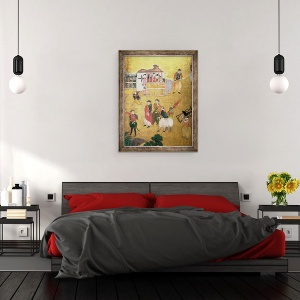 Tablou inramat - Scoala japoneza - Sosirea portughezilor in Japonia, detaliu al portughezilor de pe un ecran Namban Byobu, 70 x 90 cm - Img 3
