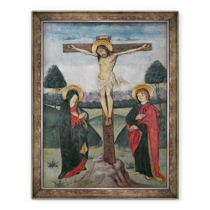 Tablou inramat - Scoala spaniola - Hristos pe cruce intre Fecioara si Sfantul Ioan, 60 x 80 cm