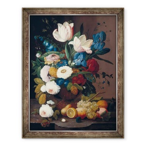 Tablou inramat - Severin Roesen - Natura moarta, flori si fructe, 70 x 90 cm