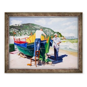 Tablou inramat - Tony Fandino - Barbati care lucreaza pe barca in Skopolos, 70 x 90 cm