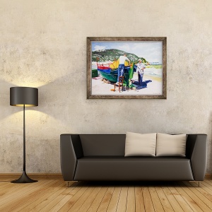 Tablou inramat - Tony Fandino - Barbati care lucreaza pe barca in Skopolos, 70 x 90 cm - Img 2