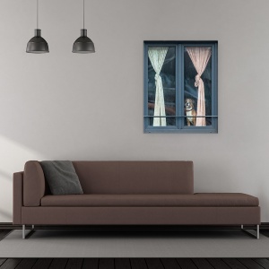 Tablou canvas - Cautandu-Si Amicul, Draperii, Perdele, Fereastra, Caine, Dor, 60 x 75 cm - Img 2