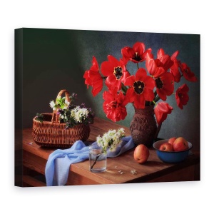 Tablou Canvas - Cu Un Buchet De Lalele Rosii, Mere, Flori, 50 x 70 cm
